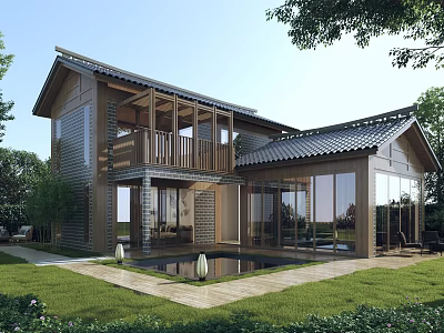 Modern Traditional Detached Villa Featuring Wooden Structure Tile Roof Courtyard Pool And Lawn 3d model