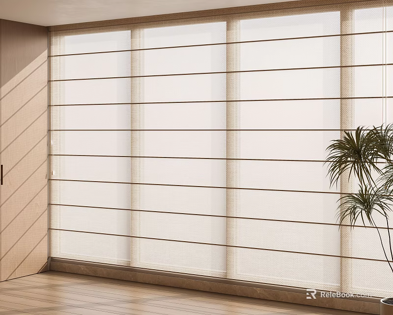 Window Blinds In Modern Interior With Natural Light Wooden Floor And Green Plant 3d model 