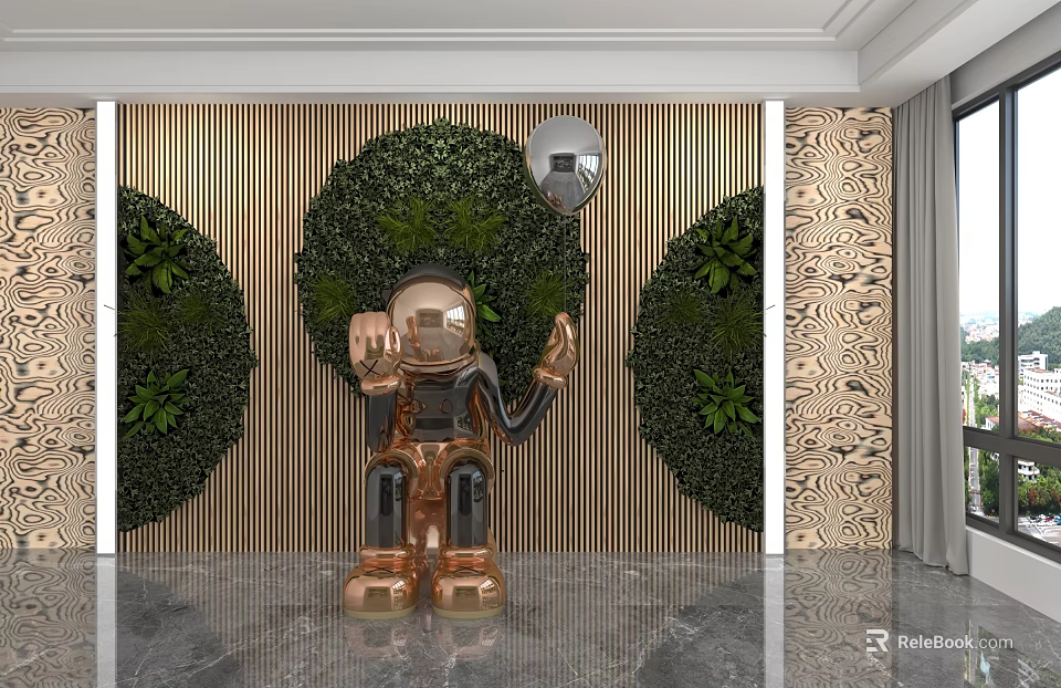 Modern Background Wall with Circular Greenery Wooden Slats and Metallic Sculpture 3d model 