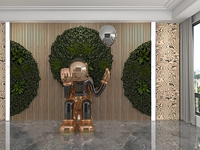 Modern Background Wall with Circular Greenery Wooden Slats and Metallic Sculpture 3d model