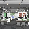 Bright Public Office Space Featuring Open Layout Desks Computers Green Plants And Pendant Lights 3d model