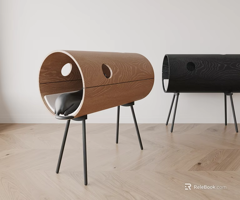 Modern Wooden Cat Beds With Circular Holes And Thin Black Legs On Floor 3d model 