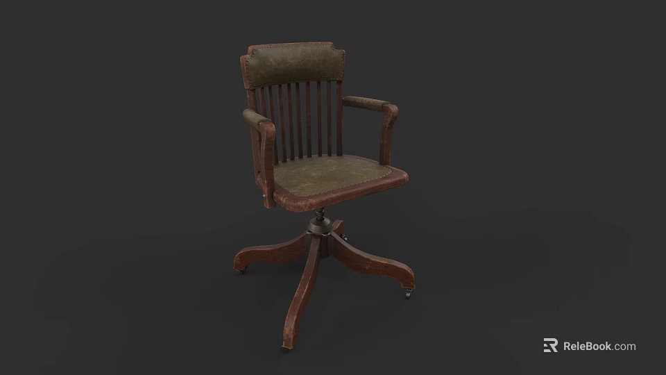 Vintage Style Office Chair with Wooden Frame Armrests Green Padded Seat and Swivel Base 3d model 