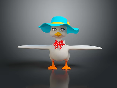 Cartoon Duck With Blue Hat Yellow Brim Red Scarf Outstretched Wings And Orange Feet 3d model
