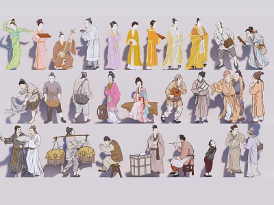Group Of Ancient People In Traditional Attire With Diverse Poses And Actions 3d model