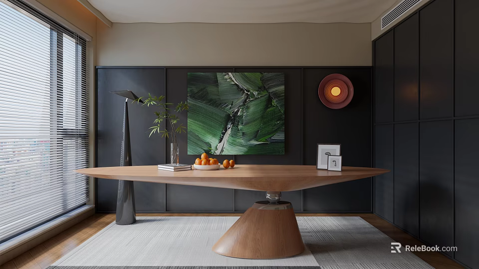 Modern Wooden Desk With Black Table Lamp Potted Plant Books Oranges And Photo Frame 3d model 