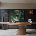 Modern Wooden Desk With Black Table Lamp Potted Plant Books Oranges And Photo Frame