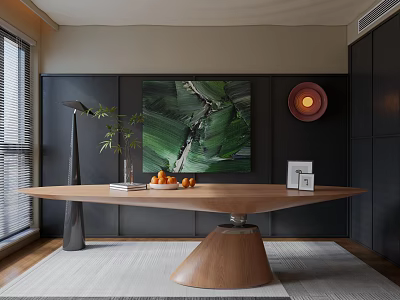 Modern Wooden Desk With Black Table Lamp Potted Plant Books Oranges And Photo Frame 3d model