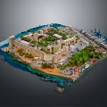 Ancient Coastal Fortress Architecture Model With Surrounding Waters Green Vegetation And Harbor