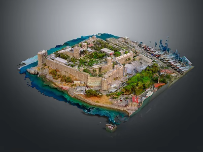 Ancient Coastal Fortress Architecture Model With Surrounding Waters Green Vegetation And Harbor 3d model