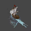 Floating Pirate Ship Model With Skull Flag White Sails And Water Reflection