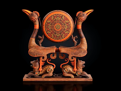 Traditional Musical Instrument With Twin Bird Carved Stands And Ornate Painted Drum Base 3d model