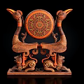 Traditional Musical Instrument With Twin Bird Carved Stands And Ornate Painted Drum Base