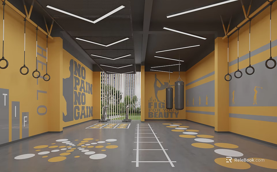Workout Gym With No Pain No Gain Slogan Yellow Gray Walls Hanging Rings Floor Lines 3d model 