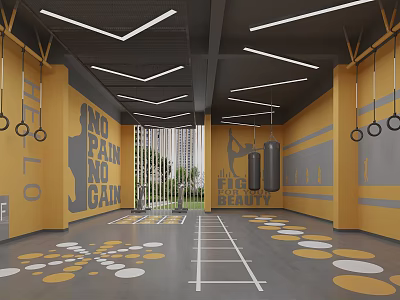Workout Gym With No Pain No Gain Slogan Yellow Gray Walls Hanging Rings Floor Lines 3d model