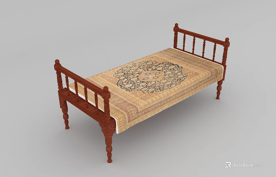 Traditional Wooden Double Bed with Intricate Patterned Bedspread and Rail Design 3d model
