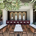 Elegant Restaurant Interior Design With Wooden Arched Walls Dining Tables And Green Plants