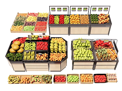 Assorted Fresh Fruits Organized on Store Display Shelves with Colorful Varieties 3d model