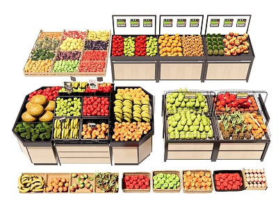 Assorted Fresh Fruits Organized on Store Display Shelves with Colorful Varieties 3d model