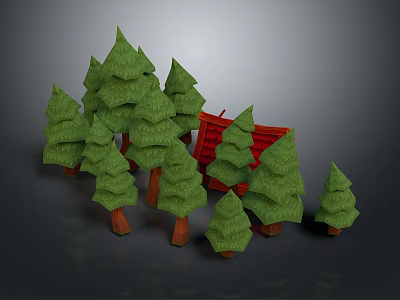 3D Modeled Green Pine Trees With Brown Trunks And Red Cart On Gray Background 3d model