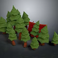 3D Modeled Green Pine Trees With Brown Trunks And Red Cart On Gray Background