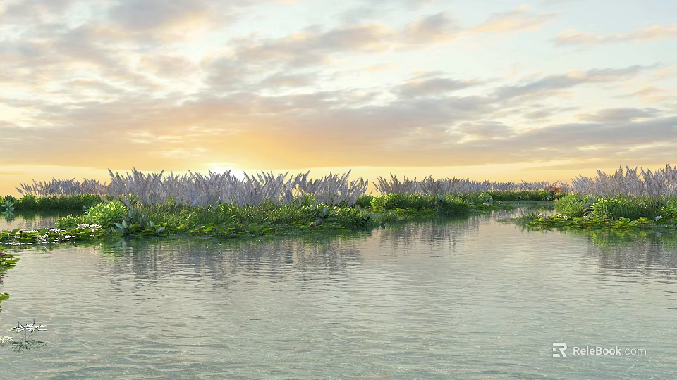 Scenic Sunset Over Calm Lake With Purple Flowers And Green Shore Vegetation 3d model 