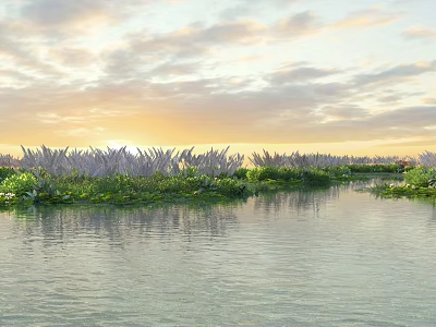 Scenic Sunset Over Calm Lake With Purple Flowers And Green Shore Vegetation 3d model