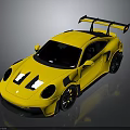 Yellow Sports Car With Rear Wing Black Wheels And White Stripes Sporty Design