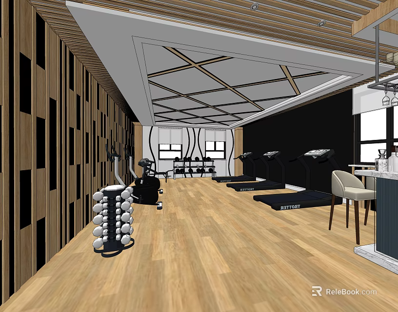 Modern Gym Interior Featuring Wood Panel Walls Wooden Flooring Crossbeam Ceiling Treadmills And Dumbbell Rack 3d model 