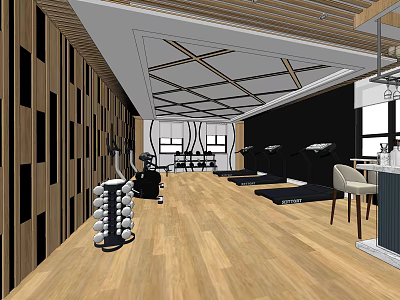 Modern Gym Interior Featuring Wood Panel Walls Wooden Flooring Crossbeam Ceiling Treadmills And Dumbbell Rack 3d model