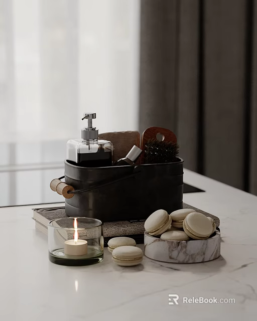Stylish Bathroom Decorative Ornament Set With Soap Dispenser Candle Brush Macarons On Marble Tray 3d model 