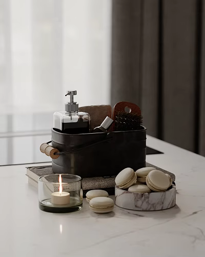 Stylish Bathroom Decorative Ornament Set With Soap Dispenser Candle Brush Macarons On Marble Tray 3d model