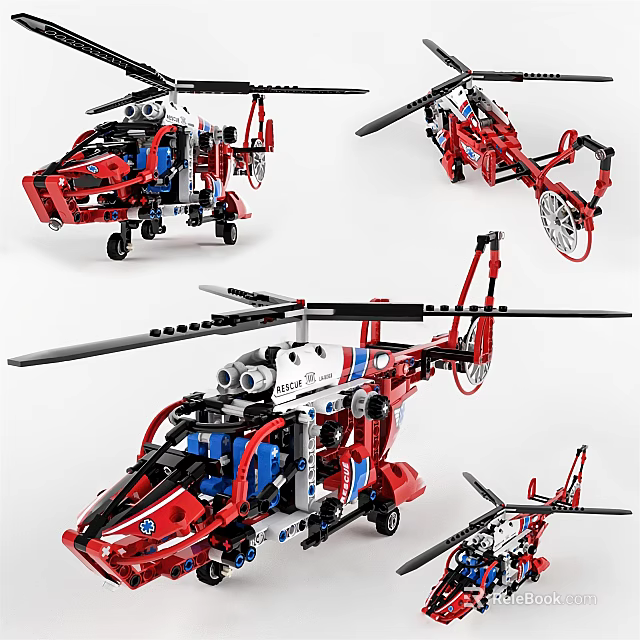 Red White Blue Building Blocks Helicopter Models With Rotors And Fuselage Design 3d model 