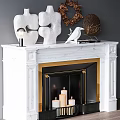 White Marble Fireplace With Gold Trim Sculptures Bird Figurine Wreath Lamp And Candles