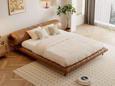 Double Bed Bedroom Interior With Brown Leather Curved Headboard Pillows Striped Quilt And Wooden Floor 3d model
