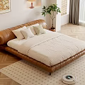 Double Bed Bedroom Interior With Brown Leather Curved Headboard Pillows Striped Quilt And Wooden Floor