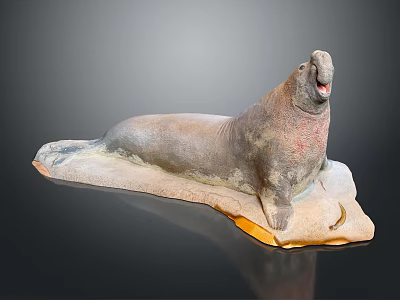 Realistic Seal Sculpture In Lying Pose With Rocky Base And Open Mouth 3d model