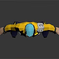 Game and Movie Character With Blue Green Hair Mask Yellow Jacket Gray Pants And Boots