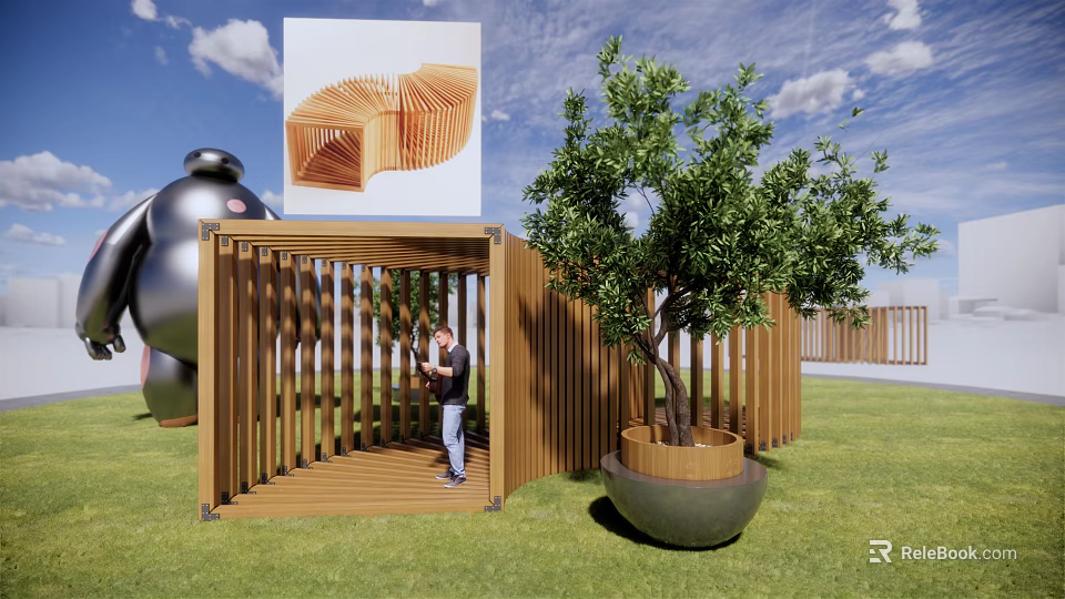 Wooden Pergola In Grass Area With Person Standing Under Green Tree And Blue Sky 3d model 