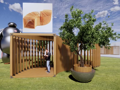 Wooden Pergola In Grass Area With Person Standing Under Green Tree And Blue Sky 3d model