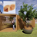 Wooden Pergola In Grass Area With Person Standing Under Green Tree And Blue Sky