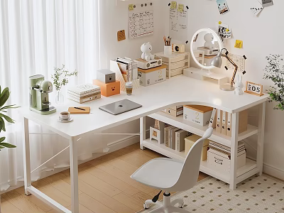 White Study Desk and Chair Set with Bookshelf Lamp Laptop Storage Boxes and Plant 3d model