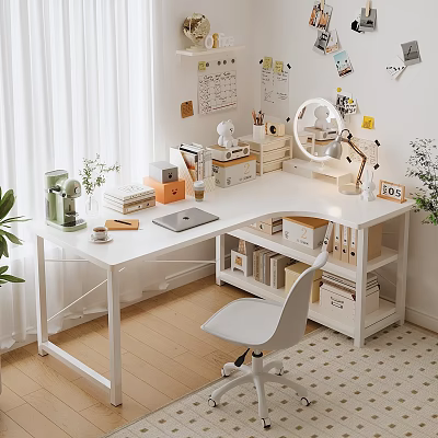 White Study Desk and Chair Set with Bookshelf Lamp Laptop Storage Boxes and Plant 3d model