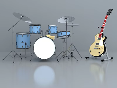 Blue Drum Set With Cymbals And Yellow Electric Guitar Musical Instruments Setup 3d model