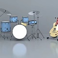 Blue Drum Set With Cymbals And Yellow Electric Guitar Musical Instruments Setup