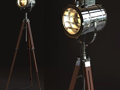 Vintage Industrial Floor Lamp With Chrome Metal Shade And Wooden Tripod Stand 3d model