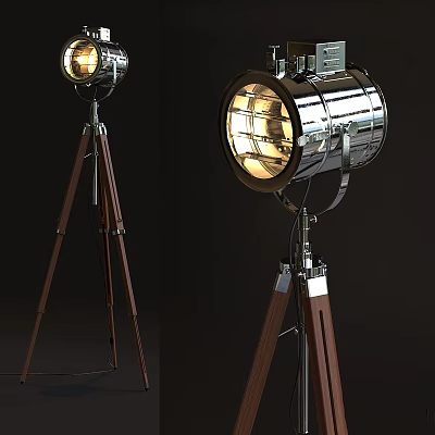 Vintage Industrial Floor Lamp With Chrome Metal Shade And Wooden Tripod Stand 3d model