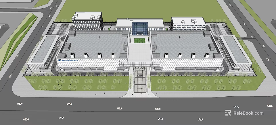 Modern Office Building Complex Featuring Central Courtyard Green Spaces And Pedestrian Walkway 3d model 