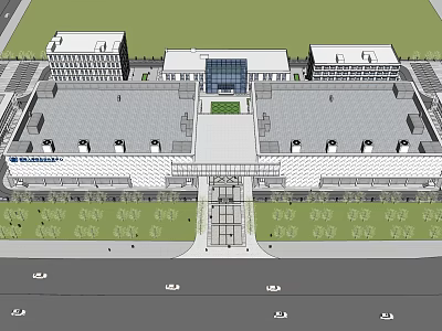 Modern Office Building Complex Featuring Central Courtyard Green Spaces And Pedestrian Walkway 3d model