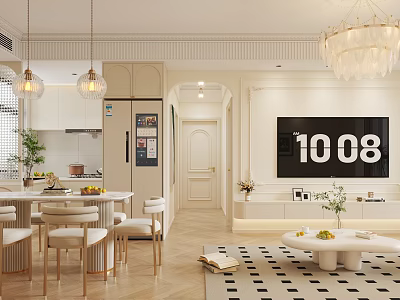 Elegant Modern Dining Living Room Interior With Chandeliers Dining Table TV Area Rug And Plants 3d model